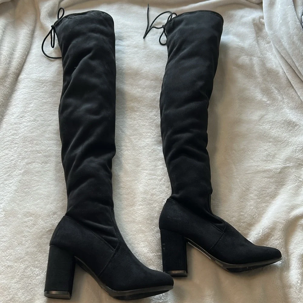 Chinese Laundary Krush Size 6 Over the Knee Boot Black Faux Suede Pull On Tie